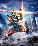  blue_sky building city cityscape commentary_request day debris dutch_angle glowing glowing_eyes gridman_(ssss) highres legs_apart male_focus masukudo_(hamamoto_hikaru) mecha no_humans orange_eyes pose shoulder_armor sky skyscraper ssss.gridman standing super_robot tokusatsu 