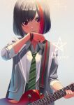  bang_dream! bangs black_hair blazer blush bob_cut bracelet collared_shirt commentary electric_guitar green_neckwear grey_jacket group_name guitar hand_to_own_mouth hand_up haneoka_school_uniform instrument jacket jewelry looking_at_viewer mitake_ran multicolored_hair nail_polish necktie open_mouth plectrum poligon_(046) red_eyes red_hair red_nails school_uniform shirt short_hair sleeves_folded_up solo sparkle streaked_hair striped striped_neckwear upper_body upper_teeth v-shaped_eyebrows white_shirt 