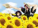  :d black_hair blue_sky day flower hat hat_removed headwear_removed japanese_clothes male_focus multiple_boys namazuo_toushirou open_mouth petals ponytail purple_eyes red_hair sky smile straw_hat sunflower sunflower_petals tonbokiri_(touken_ranbu) touken_ranbu yamazaki_mitsuko yellow_eyes 