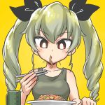  anchovy bangs black_ribbon black_shirt chopsticks comic commentary_request cup drill_hair eating eyebrows_visible_through_hair food food_in_mouth girls_und_panzer green_hair hair_ribbon holding long_hair mouth_hold pasta red_eyes ribbon shirai_keita shirt simple_background sitting solo tank_top twin_drills twintails upper_body white_pupils yellow_background 