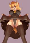  1girl blonde_hair blue_eyes bowsette dress leotard open_mouth sharp_teeth smile solo super_crown teeth thighhighs zelc-face 