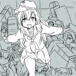  android bodies commentary hat highres kantai_collection long_hair looking_at_viewer monochrome multiple_girls neckerchief open_mouth outstretched_arms pleated_skirt poyo_(hellmayuge) rigging sailor_collar school_uniform serafuku skirt spread_arms 