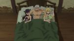  1boy 2girls animal_ears animated animated_gif bed bedroom black_hair blonde_hair breasts cat_ears cat_girl cleavage collar diablo_(isekai_maou_to_shoukan_shoujo_dorei_majutsu) elf groping horns huge_breasts indoors isekai_maou_to_shoukan_shoujo_dorei_majutsu long_hair metal_collar multiple_girls no_bra on_bed pillow pointy_ears rem_galleu shera_l_greenwood sleeping 