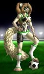  2018 5_fingers anthro blonde_hair breasts clothed clothing detailed_background digital_media_(artwork) female ferret grass green_eyes hair mammal mustelid navel nipples smile solo standing tales_foxdale 