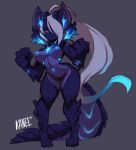  2018 anthro blue_eyes breasts digitigrade dragon female grey_background hair hair_over_eye kanel long_hair nipples nude scalie simple_background solo standing 