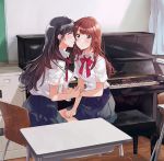  ^_^ arm_holding bangs black_hair black_skirt blush brown_hair chair cheek_kiss classroom closed_eyes collared_shirt comic_yuri_hime crying crying_with_eyes_open curtains desk dress_shirt file_cabinet fly_(marguerite) from_side hand_on_lap indoors instrument kiss long_hair multiple_girls paper piano piano_bench pleated_skirt school school_chair school_desk school_uniform shirt short_sleeves sitting skirt tears upright_piano white_shirt yuri 