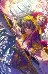 arm_up bangs character_request commentary_request destiny_child fingerless_gloves floral_print flower gauntlets gloves hair_ornament half-closed_eyes headdress highres japanese_clothes katana kimono leaf long_hair looking_to_the_side obi open_mouth petals purple_eyes purple_hair revision sash sheath solo sword tassel tsukioka_tsukiho unsheathing very_long_hair weapon wide_sleeves wind wind_lift wolf 