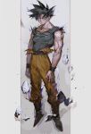  black_hair copyright_name dougi dragon_ball dragon_ball_super floating full_body highres male_focus muscle nishihara_isao purple_eyes shirt solo son_gokuu spiked_hair torn_clothes torn_shirt ultra_instinct wristband 