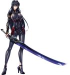  1girl annerose_vajra black_hair breasts erect_nipples full_body kagami_hirotaka katana koutetsu_no_majo_annerose koutetsu_no_majo_anneroze large_breasts legs lilith-soft long_hair looking_at_viewer sideboob smile solo standing sword weapon yellow_eyes 