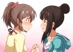  :d black_hair blue_jacket blush commentary face-to-face gradient gradient_background green_eyes hair_between_eyes hair_bun hair_ornament hair_scrunchie hamaguchi_ayame holding_hands hori_yuuko idolmaster idolmaster_cinderella_girls jacket long_hair looking_at_another multiple_girls nervous nose_blush open_mouth pink_background pink_scrunchie red_eyes scrunchie shirt sidelocks smile susutaketakumi sweatdrop sweater white_background white_shirt yellow_sweater yuri 