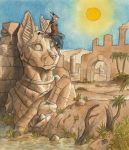 0laffson 2017 anthro barefoot caracal clothed clothing day detailed_background feline mammal outside ruins sky sun traditional_media_(artwork) 