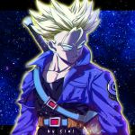  aqua_eyes arms_at_sides artist_name belt black_shirt blonde_hair chromatic_aberration commentary denim denim_jacket dragon_ball dragon_ball_z expressionless highres jacket letterboxed looking_away male_focus open_clothes open_jacket outside_border shaded_face shirt short_hair signature spiked_hair standing star starry_background super_saiyan sword tarutobi trunks_(dragon_ball) upper_body weapon 
