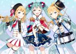  2girls ;d ahoge ancotaku aqua_eyes aqua_hair arm_behind_back award_ribbon band_uniform bangs beret black_hat blonde_hair blue_bow blue_skirt bow capelet commentary_request dress drum drumsticks epaulettes fur_trim gloves grin hair_bow hair_ornament hairpin hat hatsune_miku holding holding_instrument instrument kagamine_len kagamine_rin long_hair long_sleeves looking_at_viewer microphone_stand multiple_girls necktie official_art one_eye_closed open_mouth pants pleated_dress pom_pom_(clothes) ponytail red_bow red_capelet red_neckwear round_teeth sash shako_cap short_hair skirt smile teeth thighhighs trumpet twintails upper_teeth very_long_hair vocaloid watermark white_dress white_gloves white_legwear white_pants 