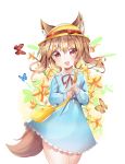  :d animal_ear_fluff animal_ears bad_id bad_pixiv_id bag bangs blue_dress blush bow bug butterfly cowboy_shot dress eyebrows_visible_through_hair fang flower hair_between_eyes hat hat_bow head_tilt highres insect kindergarten_bag kindergarten_uniform light_brown_hair long_hair long_sleeves looking_at_viewer miyo_(user_zdsp7735) neck_ribbon open_mouth original puffy_long_sleeves puffy_sleeves red_bow red_ribbon ribbon school_hat short_eyebrows shoulder_bag smile solo tail thick_eyebrows white_background yellow_flower yellow_hat 
