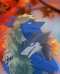  2018 4_fingers anthro anthro_on_anthro autumn biped blonde_hair blonde_mane blue_eyes blue_fur blurred_background cheek_tuft claws countershading detailed digital_drawing_(artwork) digital_media_(artwork) duo fur grey_fur hair happy hug julian_(fluffserg) kel leaves looking_at_partner looking_down looking_up male male/male mammal mane nature neck_tuft nude outside pawpads paws romantic sergal shaded sidgi signature slit_pupils smaller_version_at_source smile snout tan_fur three-quarter_view tree tuft vilous_universe 