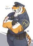  2018 anthro biceps big_muscles black_fur black_stripes black_tail cheek_tuft clothed clothing crossed_arms digital_media_(artwork) feline front_view fully_clothed fur giraffe_(artist) gloves hat hi_res japanese_text lam-chan male mammal multicolored_fur multicolored_tail muscular muscular_male orange_fur orange_tail pink_nose police police_hat police_uniform portrait signature simple_background solo standing striped_fur striped_tail stripes text three-quarter_portrait tiger tuft uniform white_background white_fur white_tail yellow_eyes 