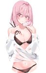  bikini black_bikini blush breasts cleavage collarbone cropped_legs eyebrows_visible_through_hair fate/grand_order fate_(series) hair_between_eyes head_tilt highres holding holding_scissors looking_at_viewer mash_kyrielight navel pink_eyes pink_hair scissors shiny shiny_hair shiny_skin shirt short_hair solo standing swimsuit underboob white_shirt yuuko_(030_yuko) 