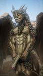  2018 anthro big_penis clothed clothing draco_(dragonheart) dragon dragonheart erection horn humanoid_penis male penis precum scales scalie sherp_teeth solo todex topless underwear vein veiny_penis western_dragon wings 