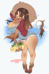  2018 anthro basket bovine breasts brown_hair caramel_(cherrikissu) cattle cherrikissu cleavage clothed clothing cowbell digital_media_(artwork) eyes_closed female hair hat hi_res holding_object hooves horn long_hair mammal signature solo 