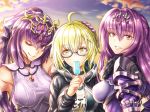  ;) ahoge artoria_pendragon_(all) black-framed_eyewear blonde_hair blue_sky bow breasts brown_eyes cloud day diadem donkikong_(pixiv17278003) dress eyebrows_visible_through_hair fate/grand_order fate_(series) floating_hair food glasses gloves grin hair_between_eyes hair_bow hand_on_another's_head head_tilt holding holding_food ice_cream long_hair looking_at_viewer looking_to_the_side medium_breasts multiple_girls mysterious_heroine_x_(alter) one_eye_closed outdoors purple_dress purple_gloves purple_hair scathach_(fate)_(all) scathach_(fate/grand_order) semi-rimless_eyewear shiny shiny_hair short_hair shoulder_armor sky sleeveless smile spaulders under-rim_eyewear upper_body white_bow yellow_eyes 