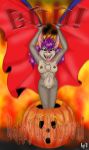  2006 bat breasts cape chest_tuft clothing cosplay english_text female food fruit hair halloween holidays jack-o-lantern looking_at_viewer mammal nipples pumpkin purple_hair pussy sasha_gothica simple_background solo style_wager text tuft vampire 