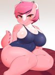  2018 absurd_res amber_eyes anthro berseepon09 big_breasts blush breasts clothed clothing digital_media_(artwork) dragon female front_view hair hi_res horn loli_dragon looking_at_viewer multicolored_scales non-mammal_breasts one-piece_swimsuit pink_hair pink_scales scales short_hair short_stack sitting solo sweat sweatdrop swimsuit thick_thighs two_tone_scales 