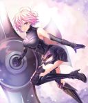  absurdres armored_boots armored_leotard black black_legwear boots breasts breasts_apart cloud csc00014 elbow_gloves fate/grand_order fate_(series) floating_hair gloves high_heels highres holding_shield large_breasts leg_up leotard looking_at_viewer mash_kyrielight outstretched_arms pink_hair purple_eyes shield short_hair solo standing standing_on_one_leg thighhighs 
