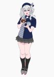  :d aqua_eyes bangs beret black_hat black_legwear blue_hat collared_shirt commentary_request crossover employee_uniform food food_request full_body grey_background grey_footwear grey_skirt hat holding kantai_collection kashima_(kantai_collection) kneehighs lawson legs long_hair looking_at_viewer miniskirt name_tag ojipon open_mouth pinstripe_pattern pinstripe_shirt platform_footwear pleated_skirt rilakkuma san-x shirt short_sleeves showing sidelocks silver_hair simple_background single_horizontal_stripe skirt smile solo standing striped thigh_gap twintails uniform wavy_hair wing_collar 