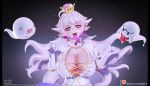  1girl bangs breasts cleavage collar crown dress earrings frilled_collar frills gloves jewelry nintendo princess_king_boo teeth tongue tongue_out white_dress white_hair zy0n7 