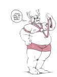  2018 anthro antlers bdsm belly cervine clothed clothing dialogue digital_media_(artwork) double_chin english_text full-length_portrait fur hooves horn leash male mammal mangolynx moobs navel nipples open_mouth overweight overweight_male portrait reindeer simple_background slightly_chubby smile solo speech_bubble standing text topless white_background 