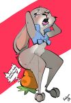  2018 ambiguous_penetration anthro bottomless bow_ribbon breasts carrot carrot_dildo chest_tuft clothed clothing disney female food fur grey_fur hands_behind_head judy_hopps lagomorph looking_at_viewer mammal nipple_bulge open_mouth penetration rabbit rakkonlover shirt sitting small_breasts solo tears teeth thick_thighs tongue tuft two_tone_background vegetable wide_hips zootopia 