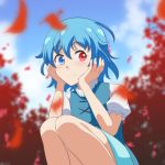  autumn_leaves blue_eyes blue_hair blue_sky cato_(monocatienus) check_commentary commentary commentary_request day eyebrows_visible_through_hair hair_between_eyes hands_on_own_cheeks hands_on_own_face heterochromia leaf looking_at_viewer outdoors puffy_short_sleeves puffy_sleeves red_eyes short_hair short_sleeves sky smile solo squatting tatara_kogasa touhou 