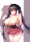  :p azur_lane bare_shoulders black_hair blush breasts cleavage closed_mouth collarbone commentary_request eyebrows_visible_through_hair geonjeonhannick hair_ribbon highres huge_breasts korean_commentary long_hair looking_at_viewer orange_eyes red_ribbon ribbon solo standing taihou_(azur_lane) tongue tongue_out twintails 