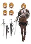  belt belt_boots blonde_hair boots buckle character_sheet collar commentary expressions full_body highres holding holding_weapon jun_(seojh1029) leather leather_boots multiple_views original scabbard sheath short_hair thigh_boots thighhighs vambraces variations weapon yellow_eyes 
