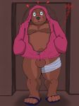  anthro balls bear blue_eyes bottomless clothed clothing erection footwear hoodie male mammal nipples penis rev_(artist) sandals solo surprise uncut zipper 