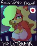  2018 anthro bandicoot big_breasts biped black_nose blonde_hair breast_fondling breasts cleavage clothed clothing crash_bandicoot_(series) davix-ilustrador detailed_background digital_drawing_(artwork) digital_media_(artwork) eyebrows eyelashes eyeshadow female fondling fur green_eyes hair half-closed_eyes hand_on_breast humor joke lipstick long_hair makeup mammal marsupial moon multicolored_fur night orange_fur outside pink_lipstick pink_tank_top shirt sky solo spanish_text star starry_sky suggestive tank_top text translated two_tone_fur video_games 