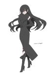  bangs black_eyes black_hair commentary dress eyebrows_visible_through_hair fingernails fur_collar gloves high_heels highres long_hair open_mouth original rapizuri sharp_fingernails signature solo 