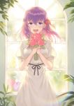  :d artist_name black_ribbon blush bouquet dress eyebrows_visible_through_hair fate/stay_night fate_(series) floating_hair flower hair_between_eyes hair_ribbon highres holding holding_bouquet long_dress long_hair looking_at_viewer matou_sakura open_mouth pink_flower purple_eyes purple_hair red_ribbon rei_no_himo ribbon shiny shiny_hair short_sleeves smile solo standing ubi_(ekdus6080) white_dress 