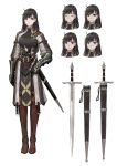  belt black_eyes black_hair blush buckle character_sheet commentary earrings expressions full_body gauntlets highres holding holding_weapon jewelry jun_(seojh1029) medium_hair multiple_views original scabbard sheath sword variations weapon 
