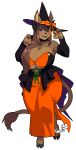  2018 anthro big_breasts bovine breasts brown_fur brown_hair canine cattle cleavage clothed clothing female fur hair halloween hat holidays horn huge_breasts lilirulu magic_user mammal open_mouth smile solo standing swan_lovejoy teeth voluptuous witch witch_hat wolf 