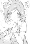  1girl blush caressing_testicles deyuuku eyebrows_visible_through_hair fellatio flower greyscale hair_flower hair_ornament heart heavy_breathing hetero long_hair love_live! love_live!_school_idol_project monochrome navel oral out_of_frame penis shirt short_sleeves spoken_heart sweat t-shirt toujou_nozomi twintails 