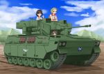  black_hair blonde_hair caterpillar_tracks cloud commentary_request day emblem girls_und_panzer isobe_noriko kawanishi_shinobu long_hair mountain multiple_girls ooarai_(emblem) sasaki_akebi shirt short_hair sky tomahawk_(nagarebosi8492) type_89_ifv 