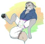  4_toes anthro canine clothed clothing diaper digitigrade fully_clothed fur hair hoodie humanoid_hands male mammal pawpads randall_(draugr) signature simple_background sitting spread_legs spreading toes tussytot wolf 