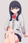  bangs black_hair black_skirt blue_eyes bow bowtie breasts cardigan closed_mouth commentary_request crossed_legs highres long_hair long_sleeves looking_at_viewer pleated_skirt red_neckwear school_uniform scrunchie shinyashiki simple_background sitting skirt solo ssss.gridman sweater swept_bangs takarada_rikka thighs white_sweater wrist_scrunchie 