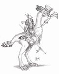  0laffson 2018 anthro armor avian barefoot beak bird caracal clothed clothing feline holding_object holding_weapon mammal melee_weapon polearm riding simple_background sitting sketch spear standing traditional_media_(artwork) weapon white_background 