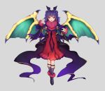  airdoor animal_ears bat_ears commentary_request dragon_wings dress fake_animal_ears fire_emblem fire_emblem:_seima_no_kouseki fire_emblem_heroes full_body fur_trim grey_background halloween_costume highres long_sleeves mamkute multi-tied_hair myrrh open_mouth purple_hair red_eyes simple_background solo standing twintails wings 