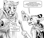  2018 anthro cheetah clothed clothing dialogue english_text feline jewelry leopard magic male mammal pawpads serval shrunk simple_background text titusw wand 