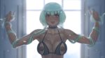  :p areolae backlighting bangs black_bra black_choker blue_hair bob_cut bra breastless_clothes breasts choker cleavage collarbone commentary dark_areolae dark_nipples dark_skin dust emerald_sustrai english_commentary hair_bondage holding holding_hair kuon_(kwonchanji) lace lace-trimmed_bra lace_choker lingerie medium_breasts nipple_bar nipple_piercing nippleless_clothes nipples piercing red_eyes rwby short_hair_with_long_locks solo tongue tongue_out underwear upper_body window 