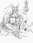  0laffson 2018 4_toes 5_fingers anthro barefoot book caracal detailed_background digitigrade feline female mammal shadi_(0laffson) sitting sketch solo toes traditional_media_(artwork) 