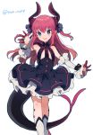  :d asymmetrical_horns claws curled_horns dragon_girl dragon_tail dress elizabeth_bathory_(fate) elizabeth_bathory_(fate)_(all) fate/extra fate/extra_ccc fate_(series) flat_chest highres horns ikeuchi_tanuma looking_at_viewer open_mouth pink_hair smile tail waving 